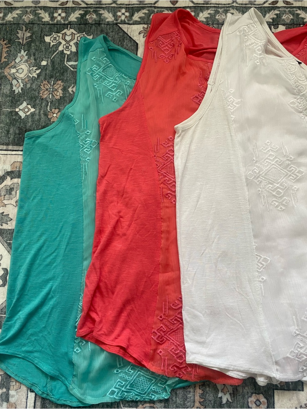 RXB Bundle of Three XL Teal, Coral, Embroidered Geometric Henley Tank Tops